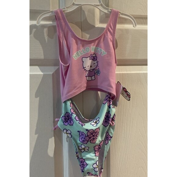 Hello Kitty By Sanrio Girls 1 Piece Swimsuit Bathingsuit Pink Green Size 4/5 - Picture 1 of 8